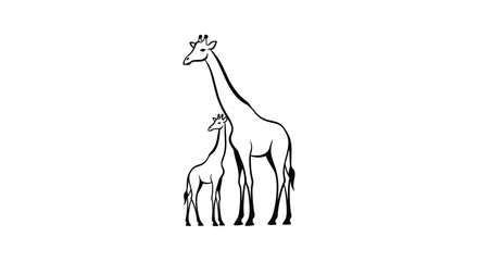 Fototapeta premium Line art illustration of a mother giraffe and her young calf standing