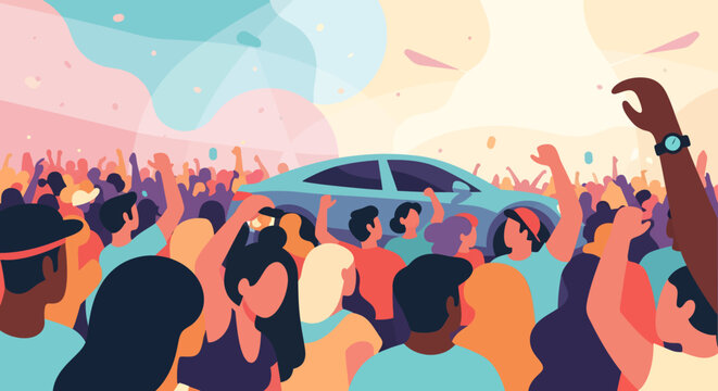 Excited diverse crowd celebrating a car launch event with raised hands and confetti. Modern flat illustration depicting a festive atmosphere and community.