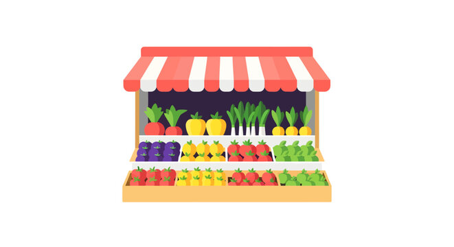 Vector illustration of a colorful fruit and vegetable stand with fresh produce displayed on shelves, isolated on white background