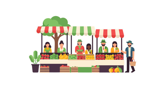 Diverse group of people selling fresh produce and goods at a vibrant outdoor farmer's market stall with colorful awnings.