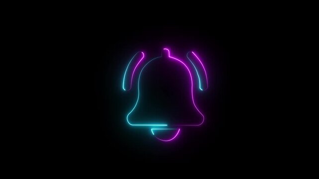 Bright neon notification bell icon rings to signal a new digital alert. Ideal for digital interface, social media, and technology concepts.4k video motion graphic.