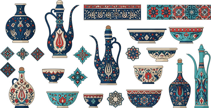 Traditional Turkish Ceramic Art Set, Floral Pattern Vases, Bowls, and Decorative Objects for Cultural, Home D&eacute;cor, and Craft Designs