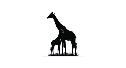 Fototapeta premium Mother and baby giraffe silhouette standing in grass vector illustration