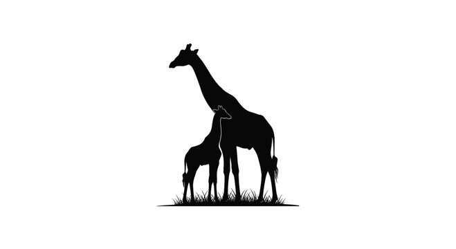 Mother and baby giraffe silhouette standing in grass vector illustration
