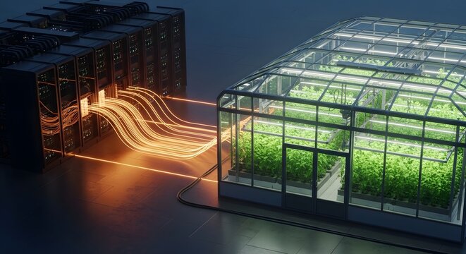 High tech server farm providing thermal energy to a glass greenhouse. Sustainable infrastructure and green power. Glowing fiber optic lines linking data storage to agricultural crops