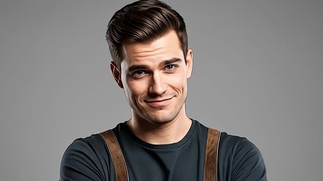 Portrait of a smiling man with brown hair wearing suspenders against a grey background