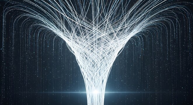 High-speed data stream and global telecommunications network. Fiber optic technology and internet connectivity. Glowing light trails forming a digital information vortex