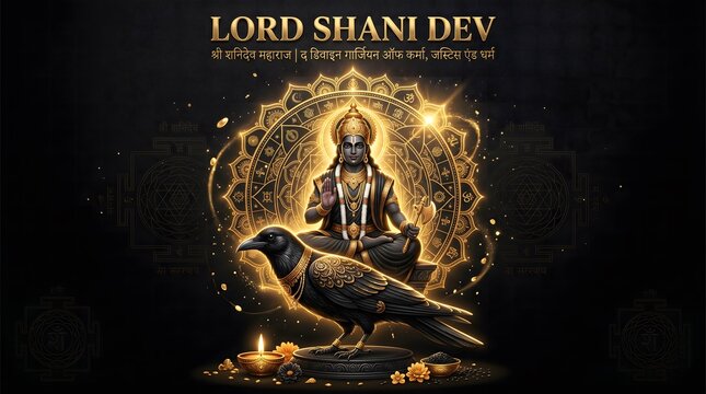 Illustrative depiction of lord shani dev seated in meditation with a crow and ornate mandala