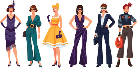 Fototapeta premium Vintage Fashion Illustration Set of 6 Women in Classic Dresses, Stylish Outfits, and Retro Accessories for Fashion, Design, and Branding Projects