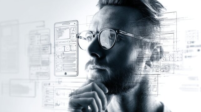 Thoughtful UX Designer Analyzing Wireframes and Interface Designs for Effective User Experience Improvement