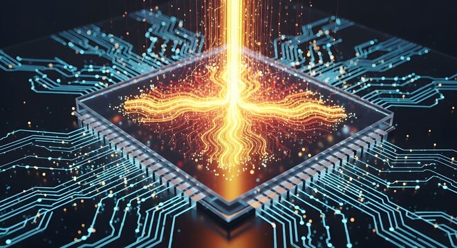 Vertical energy light stream fueling a high performance processor. Global connectivity and supercomputing power. Light pulses transferring data into a glowing microchip architecture.