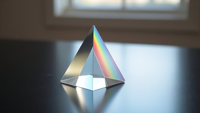 rockwell. Clear glass prism refracting rainbow light spectrum on dark surface. STEM education sheets, lab safety posters, designed for biotech research communications, used by data analysts.