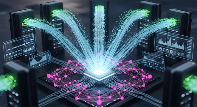 Advanced server farm with glowing fiber optic cables and neural network. Big data analytics and data center management. Central processor unit distributing light pulses to servers