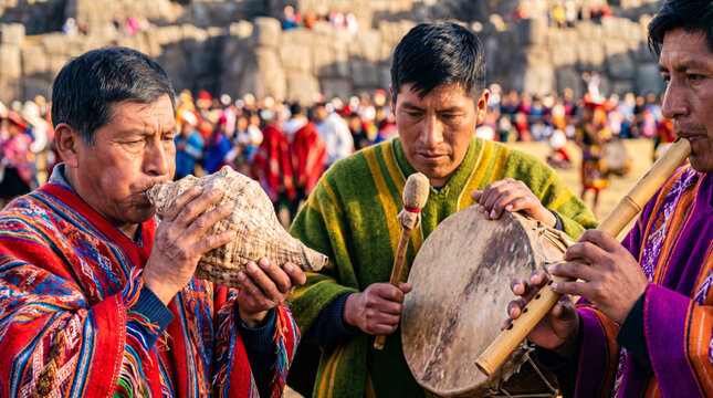Andean Musicians Playing Traditional Instruments at Inti Raymi Festival, Cusco, Peru