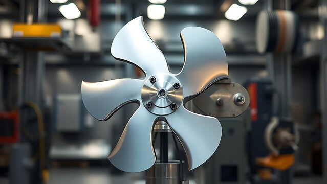 impeller. Stainless steel impeller with metallic reflections under industrial lighting. safety posters, maintenance manuals, designed for precision metalworking and fabrication facilities.