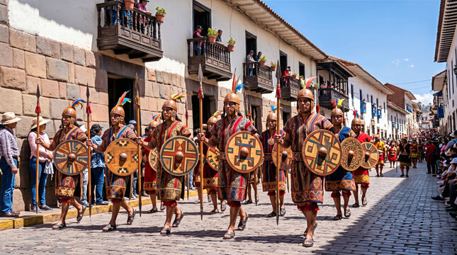 Inca Soldiers in Traditional Attire Marching in Cusco Street During Inti Raymi Parade
