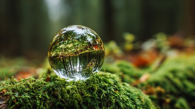 Crystal globe glass on green in forest for sustainability environmental, clean energy, and eco-friendly. Green business. carbon reduction to net zero. Earth Day, and ESG concept.