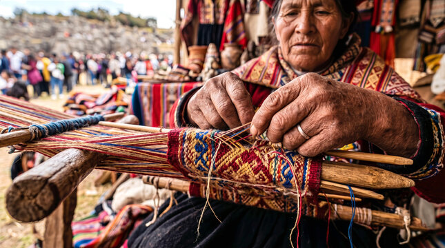 Indigenous Female Weavers Hands Creating Intricate Tocapu Patterns on Loom at Inti Raymi Festival