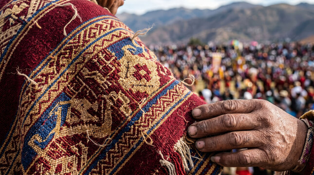 Intricate Tocapu Patterns on Handwoven Alpaca Wool Mantle, worn at Inti Raymi Festival Cusco Peru