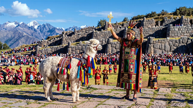 Ritual Blessing of a Decorated White Alpaca at Inti Raymi Festival, Sacsayhuaman, Cusco