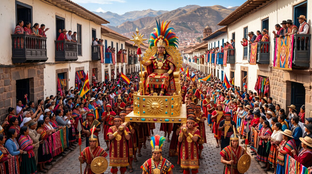 Sapa Inca Emperor on Golden Litter During Inti Raymi Sun Festival Procession in Cusco, Peru