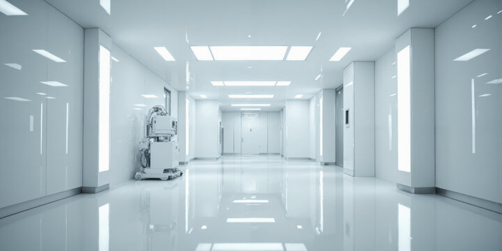 Futuristic cleanroom for biotech research, glossy white walls, high-efficiency air filtration system, bright LED ceiling lights, sterile, minimalist design.
