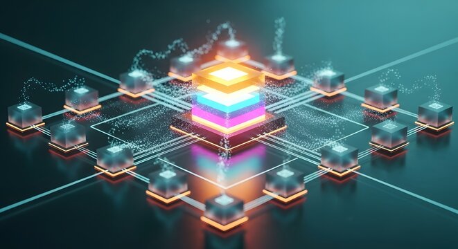 Decentralized blockchain and distributed ledger technology. Cryptocurrency mining and database network. Transparent glowing cubes interconnected on a dark digital plane.