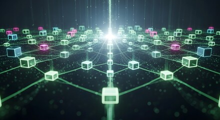 Fototapeta premium Decentralized blockchain network with glowing 3D data cubes. Digital ledger and crypto infrastructure. Virtual blocks connected by light beams in a dark cyber space environment