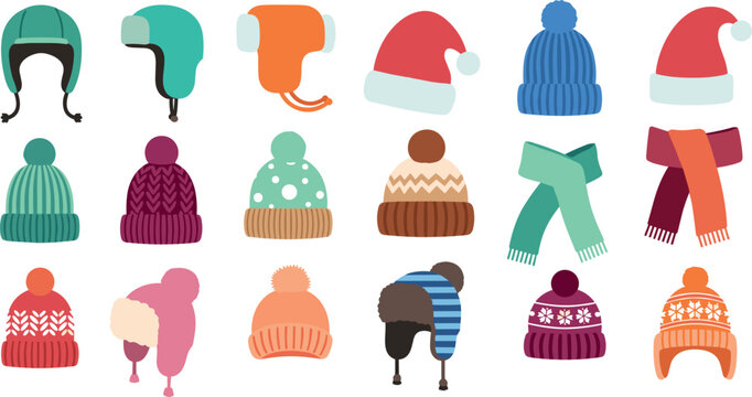 Vector Set of 20 Winter Hats and Scarves in Various Colors and Styles for Kids, Seasonal, and Clothing Illustrations