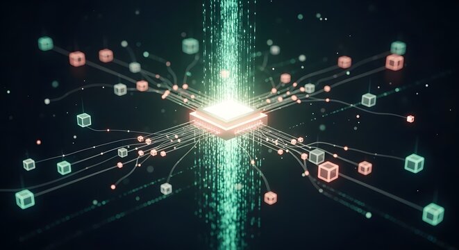 Big data processing and global connectivity network. Digital transformation and smart city infrastructure. Vibrant data packets flowing toward a central glowing processor hub.
