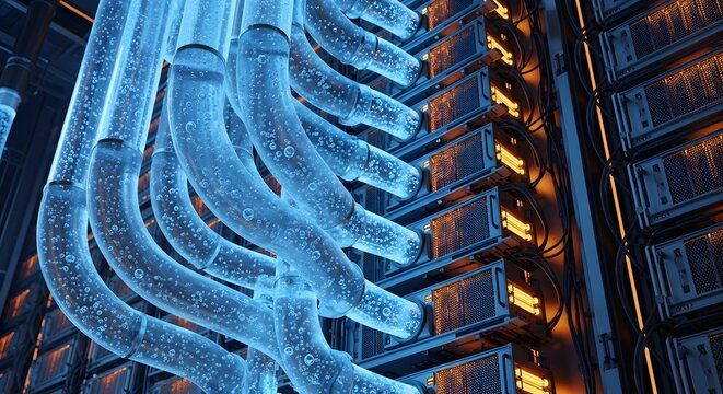 Macro view of transparent coolant pipes with bubbles inside server racks. High-tech thermal engineering and hardware safety. Bubbling liquid glowing bright blue within an intricate server network