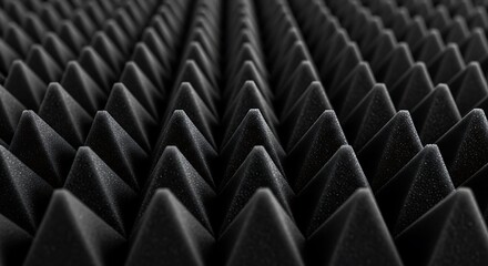 Fototapeta premium A close-up view of black acoustic foam panels with pyramid-shaped protrusions used for soundproofing and sound absorption in a recording studio or home office