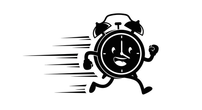Running alarm clock character with happy expression and motion lines