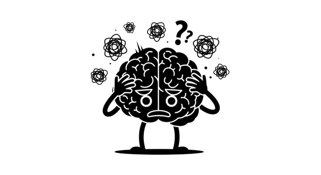 Confused cartoon brain character with question marks and scribbles