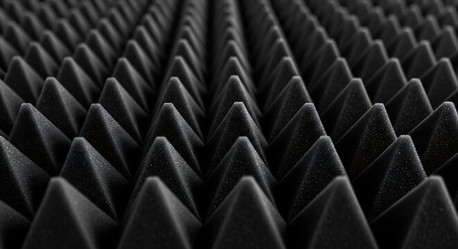 A close-up view of black acoustic foam panels with pyramid-shaped protrusions used for soundproofing and sound absorption in a recording studio or home office