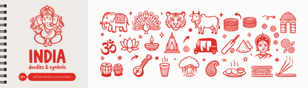 India Cultural Symbols and Icons Hand Drawn Doodle Vector Illustration Set