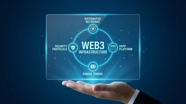 Web3 infrastructure concept with hand holding digital network interface
