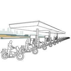 Obraz premium Motorcyclists refueling at a modern gas station with a city skyline background