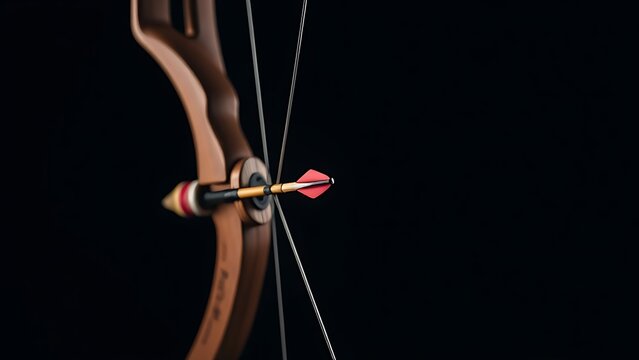taut. Drawn compound bow with taut string and arrow, side view on dark background. lifestyle magazines, social media lookbooks, designed for influencer and brand collaborations.