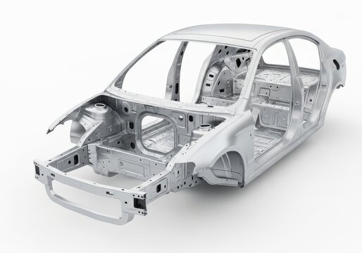 Unfinished silver car chassis frame with visible internal structure and automobile vehicle
