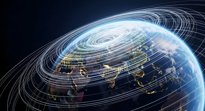 Global communication network and satellite internet connectivity. Digital world data transmission. Glowing orbital lines circling planet Earth at night with city lights visible.