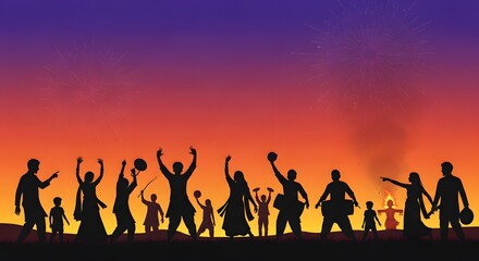 Fototapeta premium Silhouetted crowd celebrates at sunset on horizon.