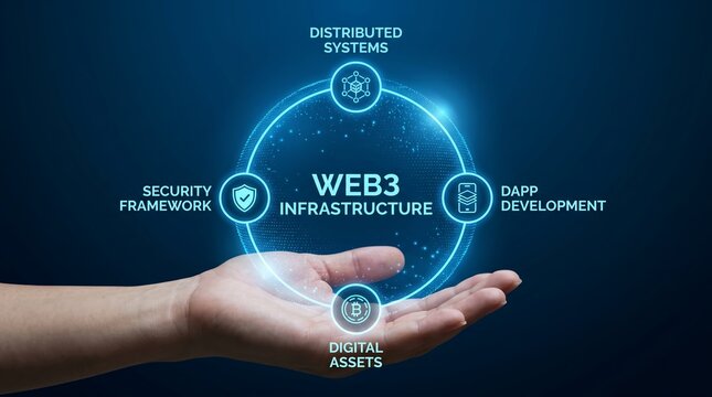Web3 infrastructure concept with hand holding digital elements on dark background