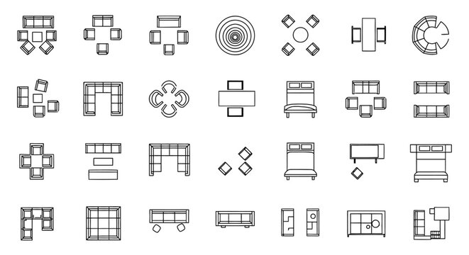 set of top-down furniture layout icons for interior design floor plans