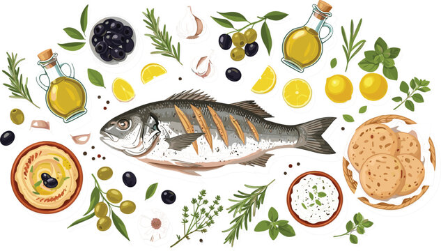 
Fresh Whole Fish with Mediterranean Ingredients, Herbs, Olives, Lemon, and Olive Oil for Seafood and Cooking Concept Designs
Fresh Whole Fish with Mediterranean Ingredients, 