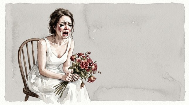 Bride in white dress sitting on chair, crying with wilted bouquet  