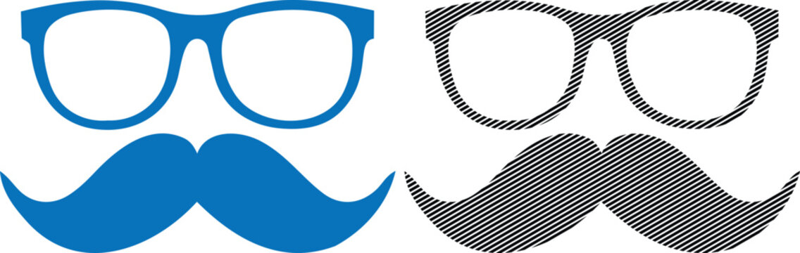 Hipster eyewear and mustache combination set in blue and hatched style.
