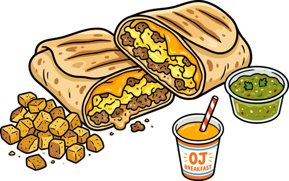 Breakfast Burrito with Scrambled Eggs, Sausage, Hash Browns, Salsa, and Orange Juice for Morning Meal Designs