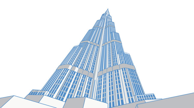 A blue architectural rendering of a tall skyscraper with a pointed top rises above smaller buildings against a white background