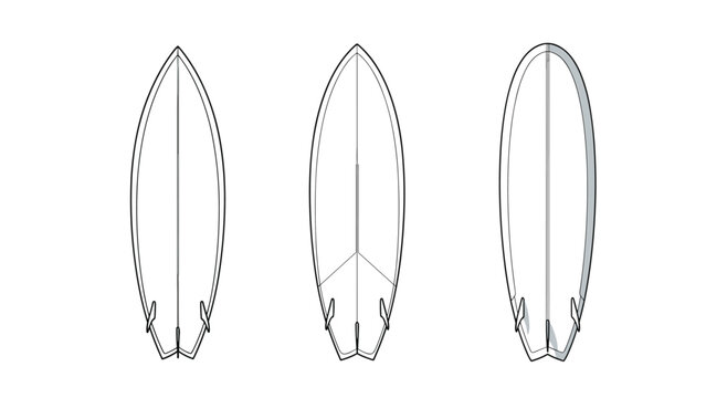 Three different surfboard silhouettes in a technical drawing style showing various shapes and designs for surfing and water sports projects.